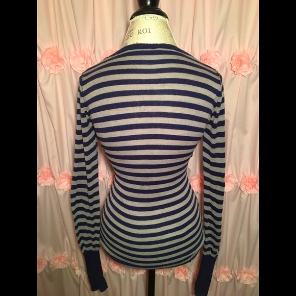 Gray and Navy Blue Striped V- Neck Sweater - Picture 8 of 10